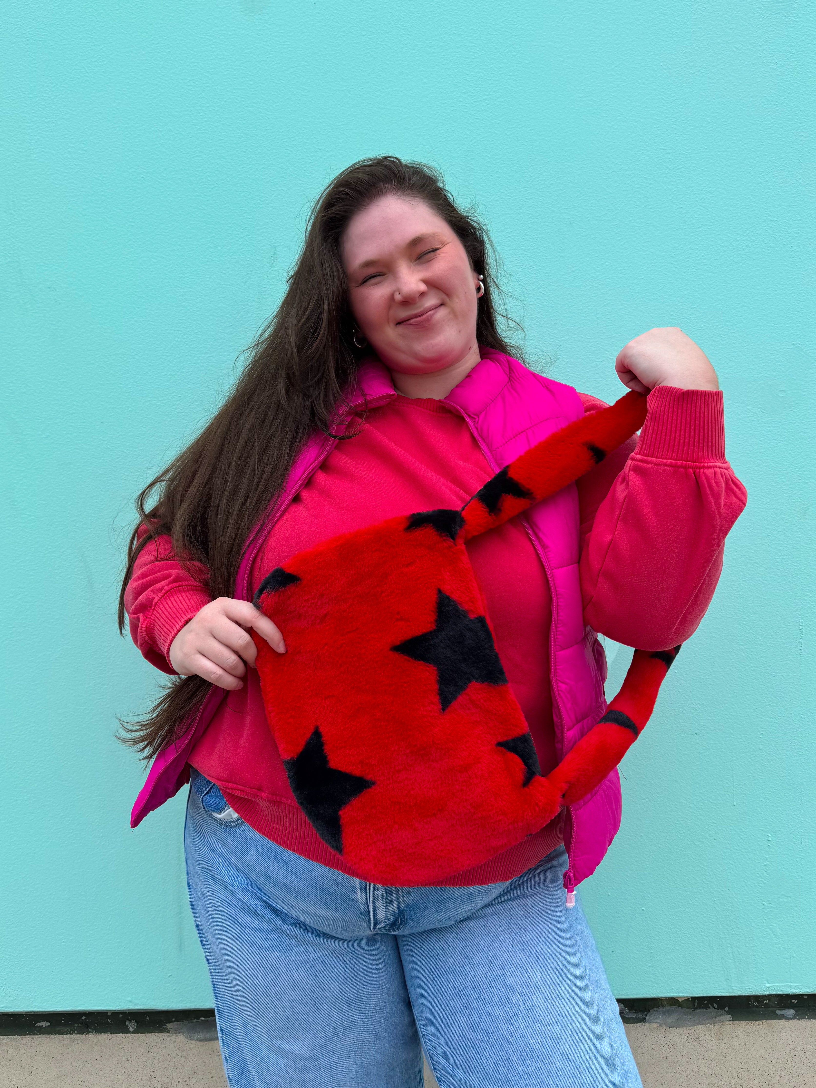 Red Fuzzy Star Print Bag