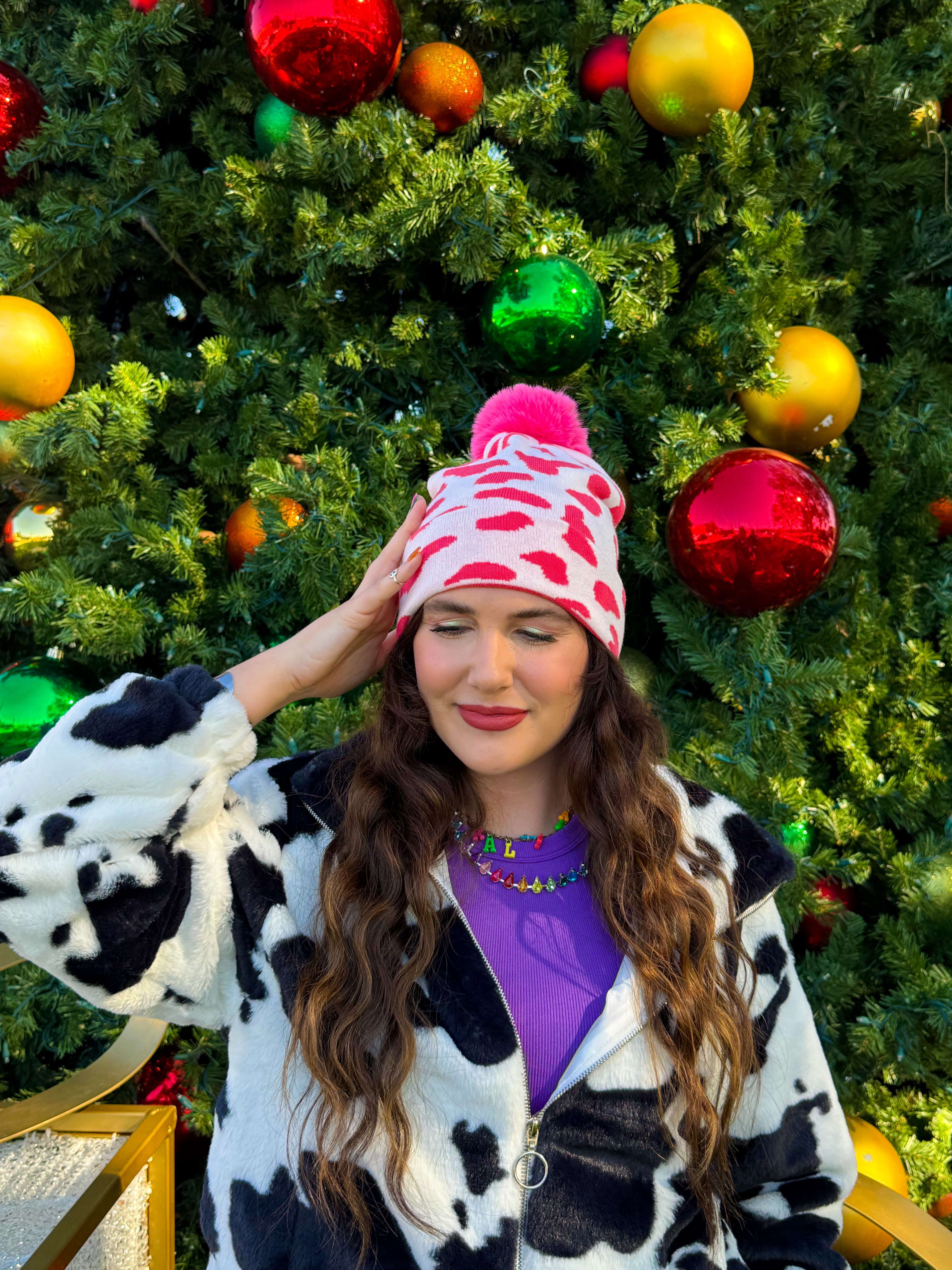 Pink Cow Print Beanie