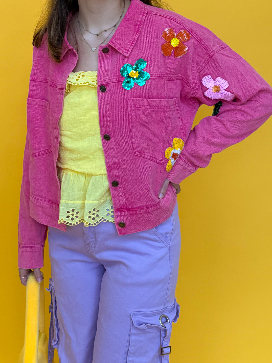 Pink Flower Denim Jacket (S-3XL)