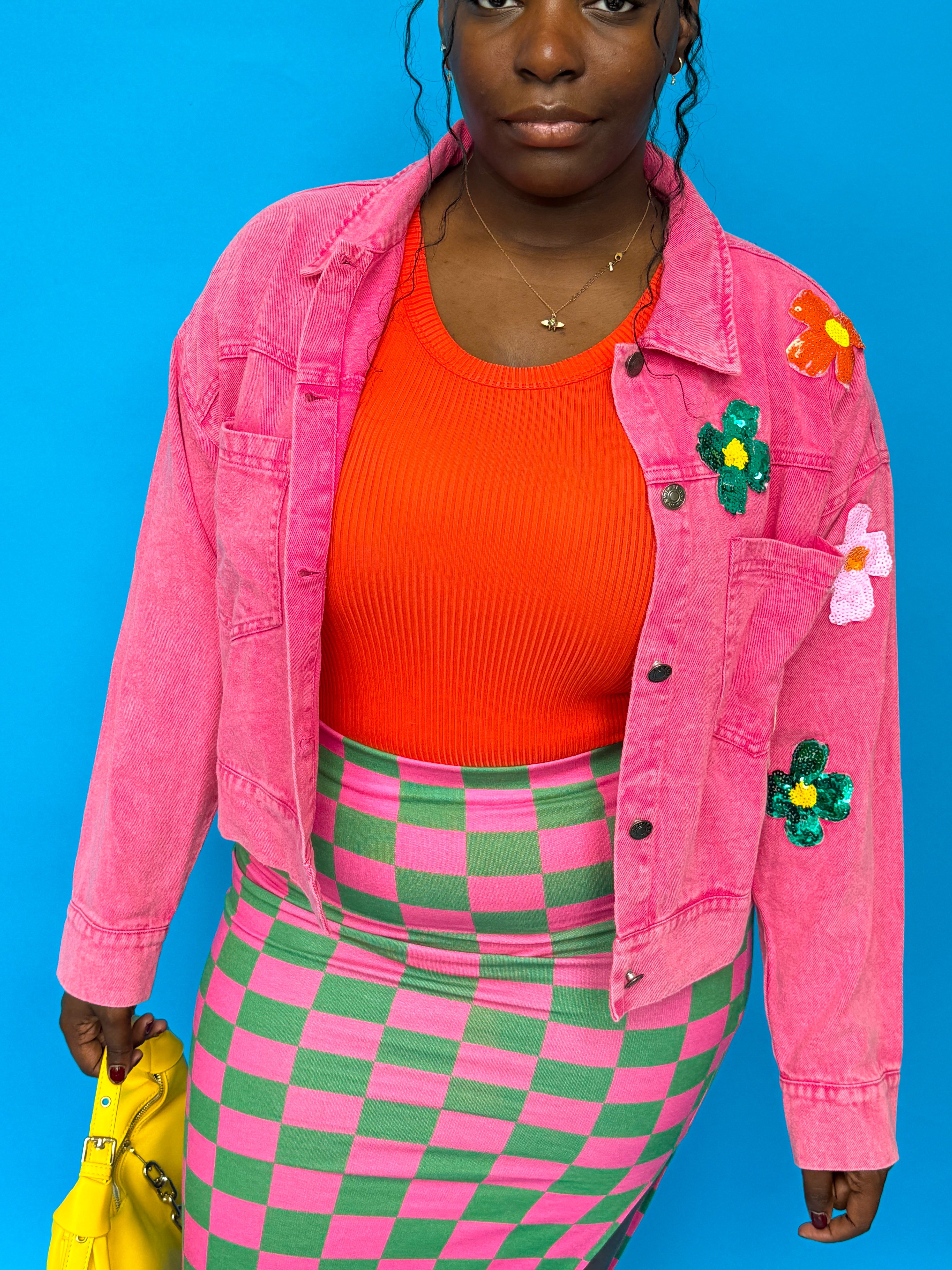 Pink Flower Denim Jacket (S-3XL)
