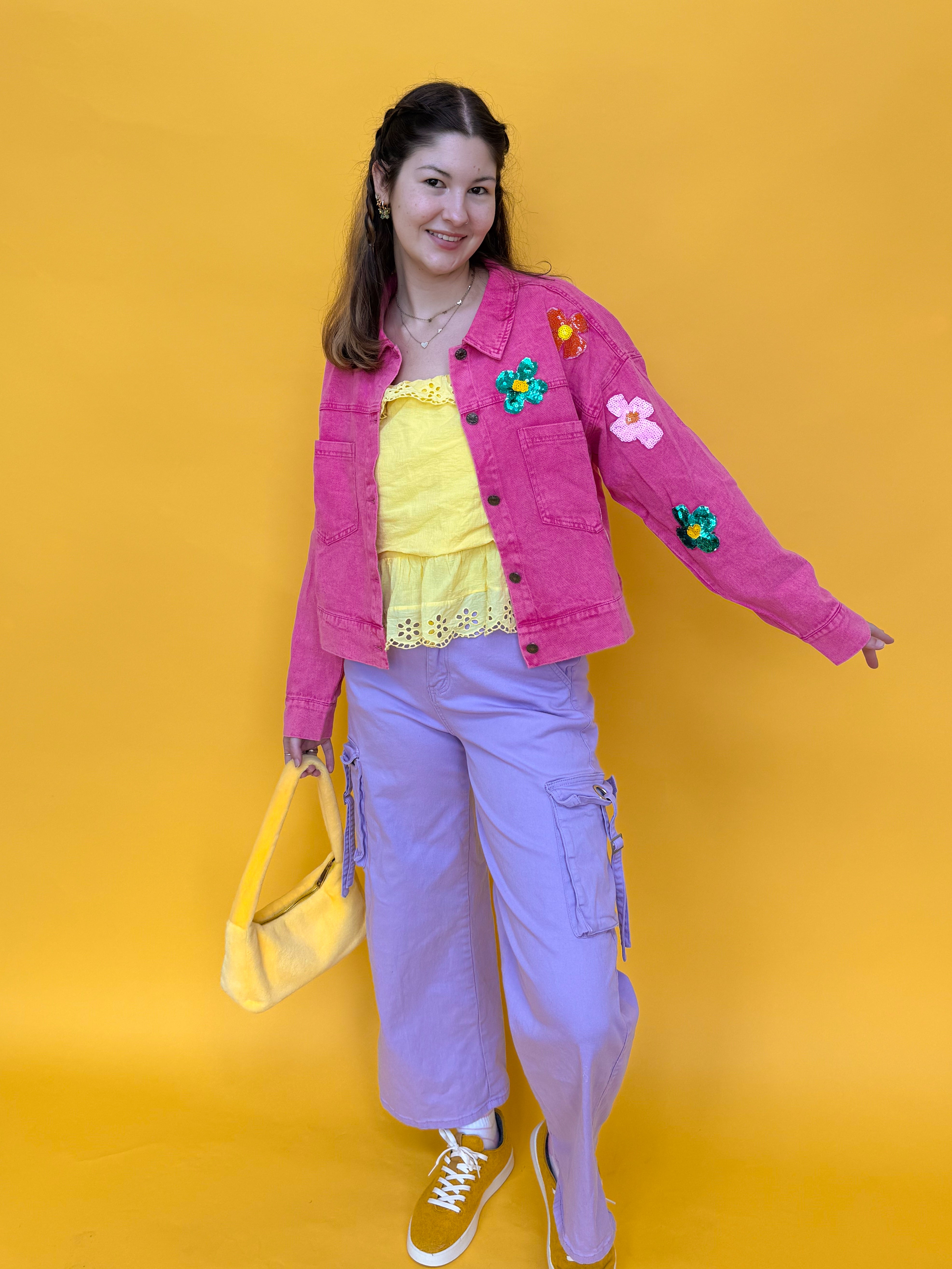 Pink Flower Denim Jacket (S-3XL)