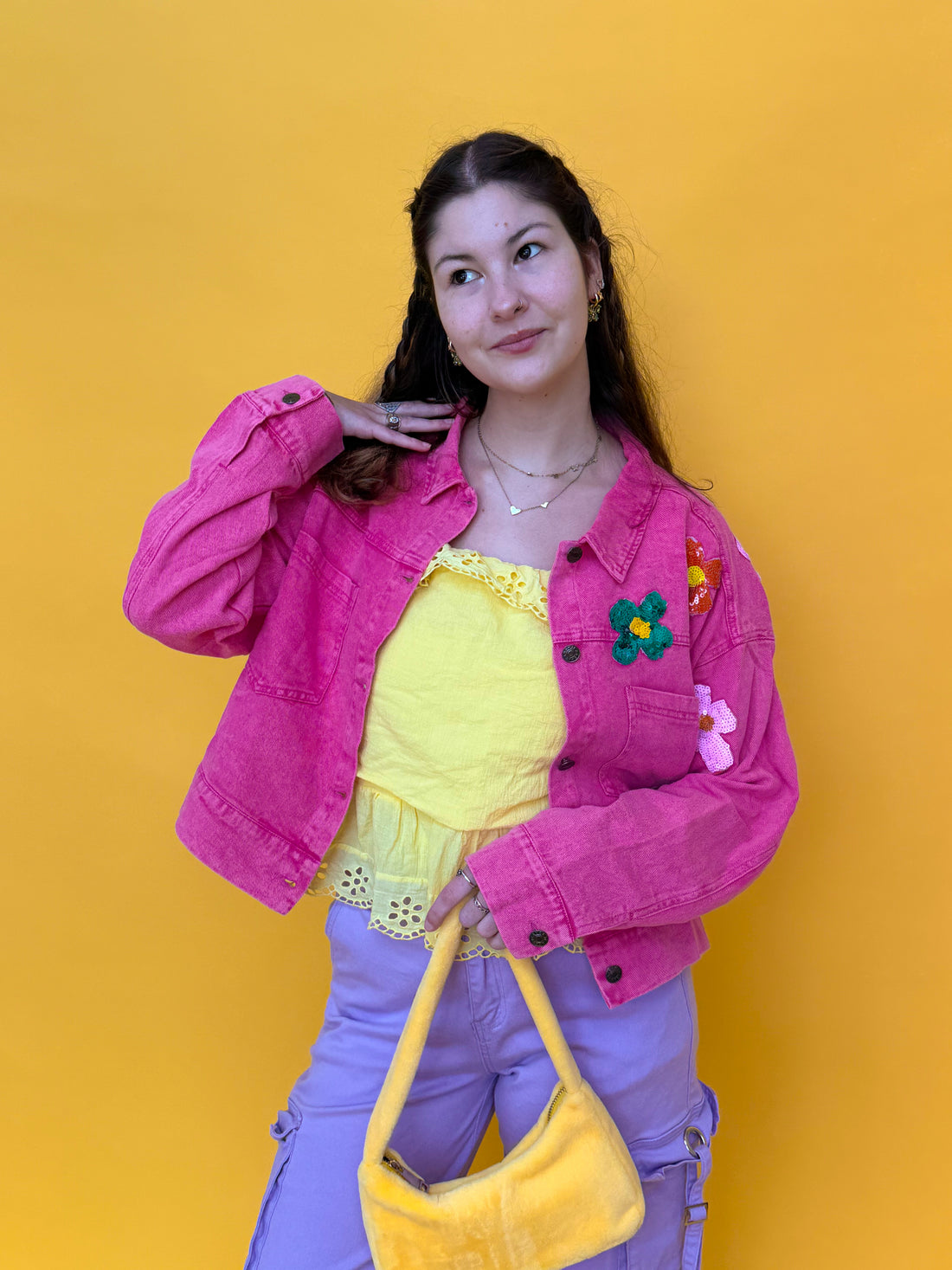 Pink Flower Denim Jacket (S-3XL)