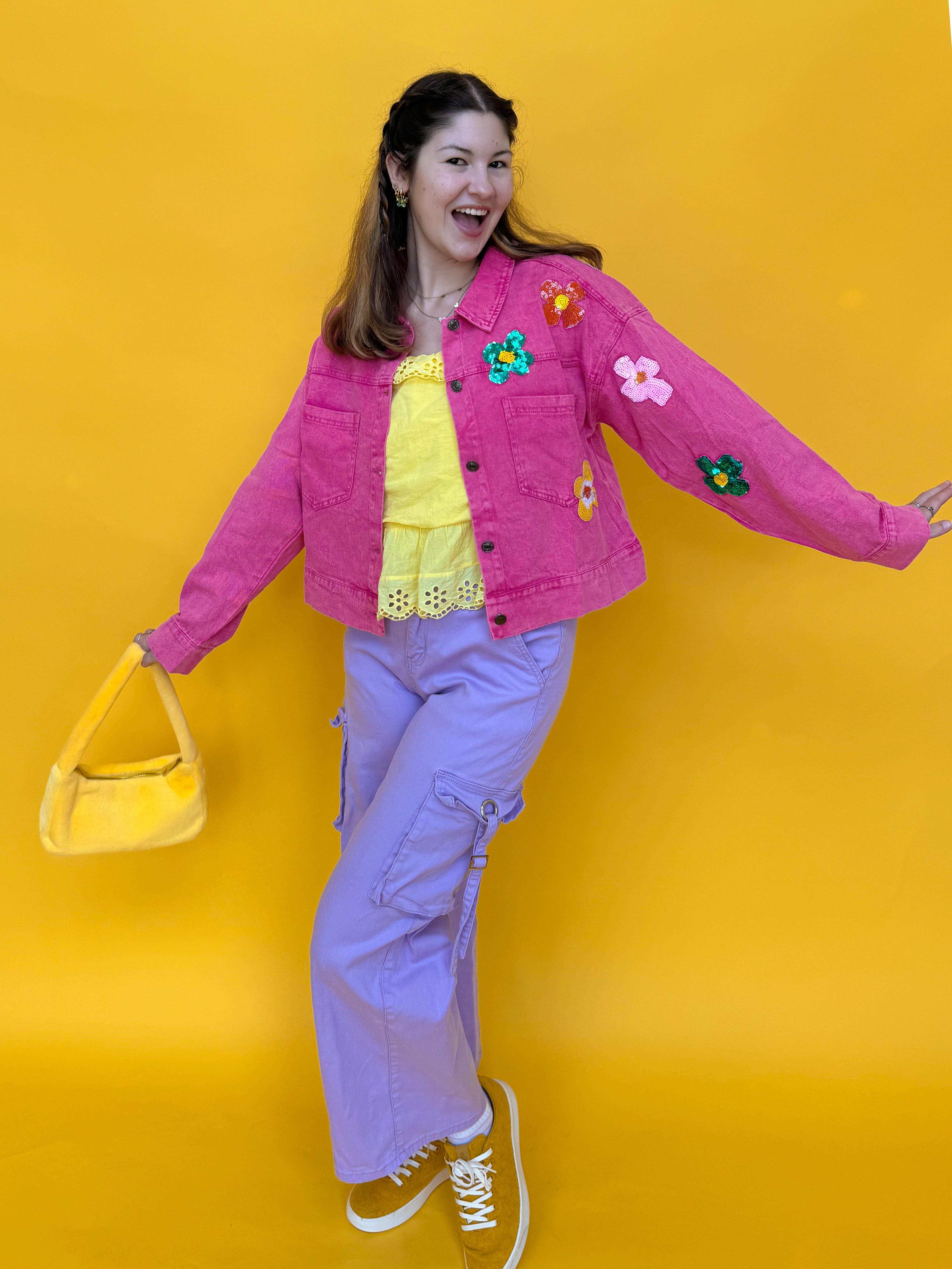 Pink Flower Denim Jacket (S-3XL)
