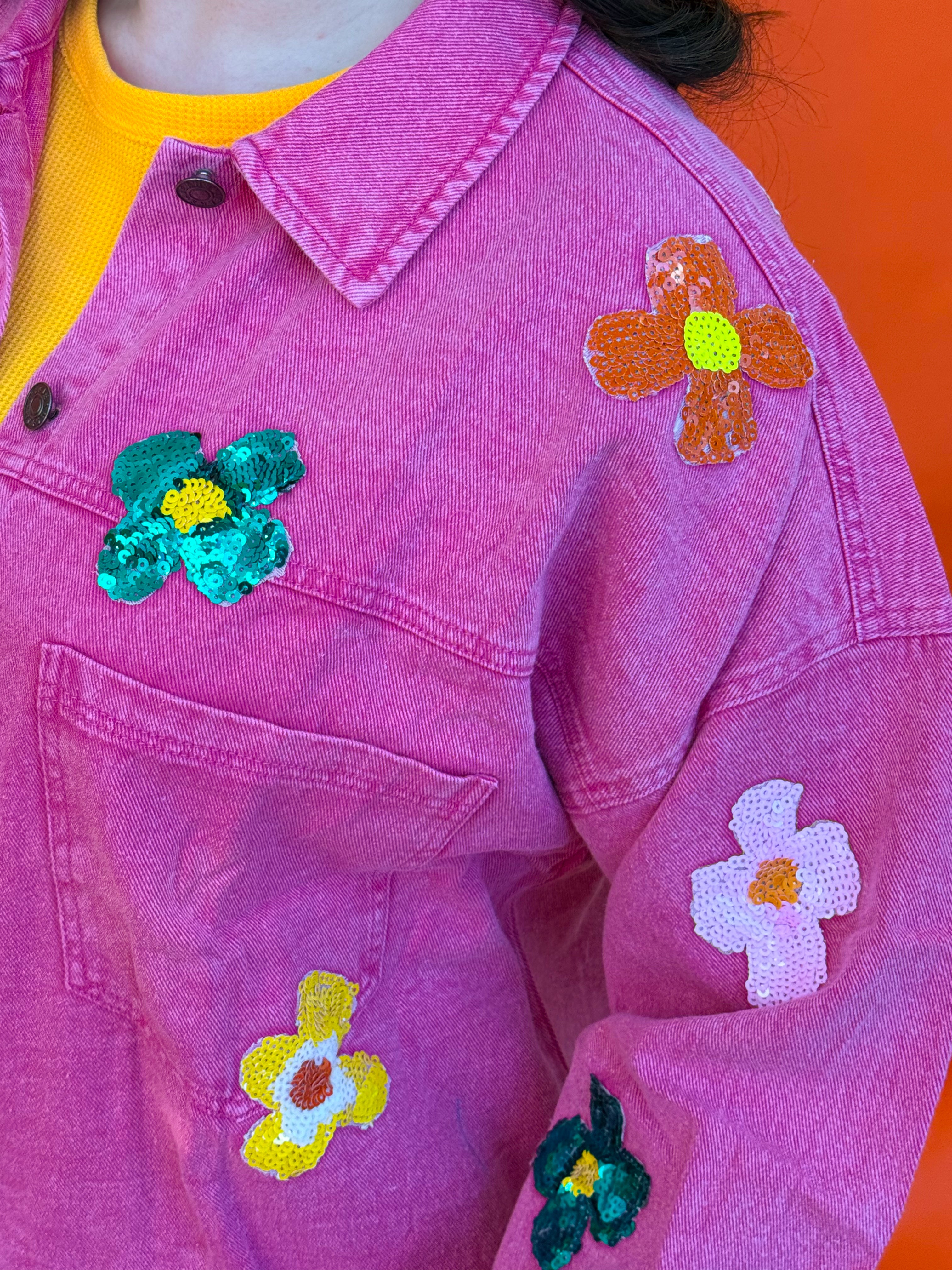 Pink Flower Denim Jacket (S-3XL)