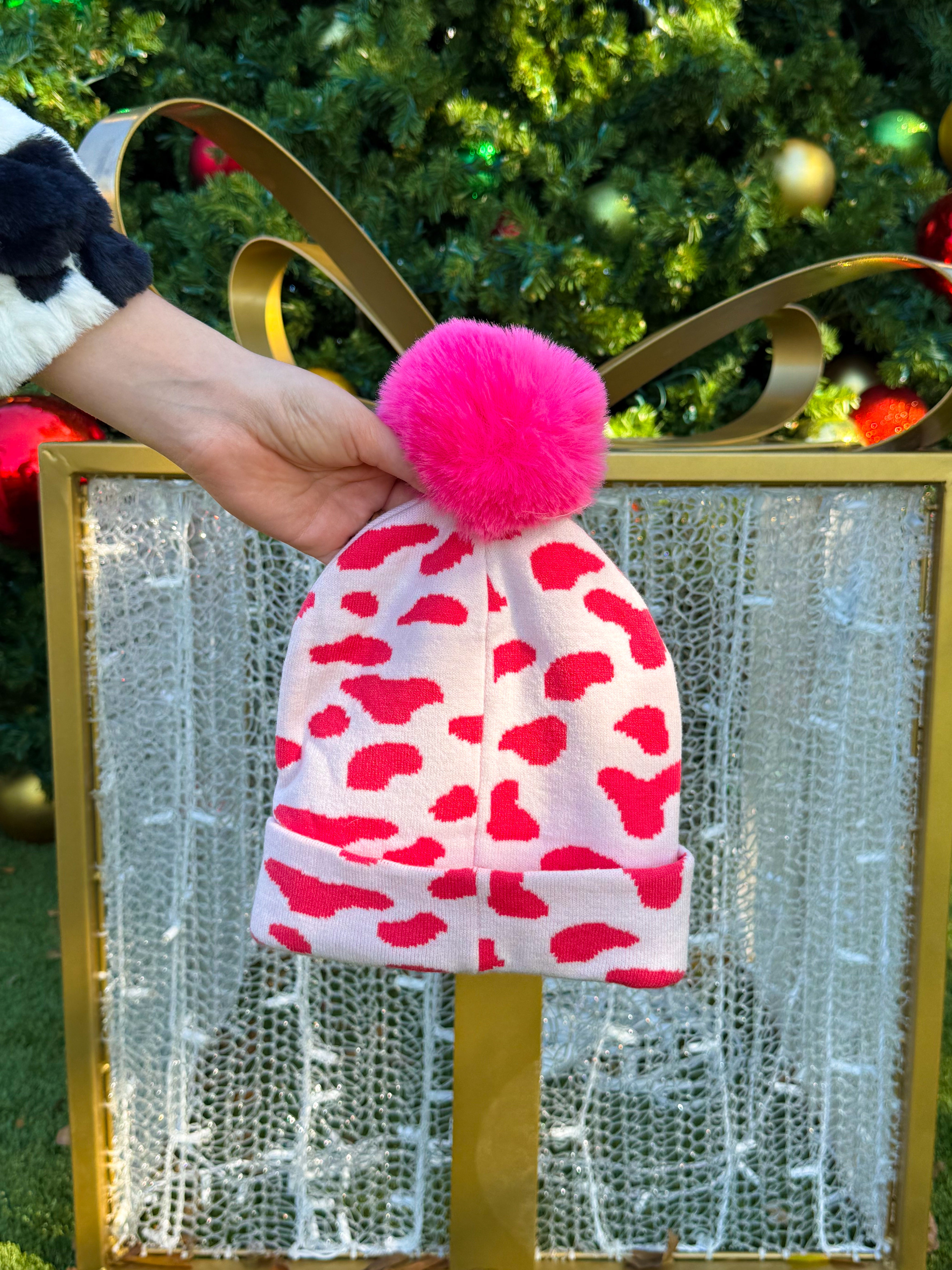 Pink Cow Print Beanie