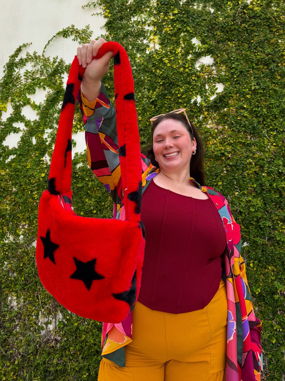 Red Fuzzy Star Print Bag
