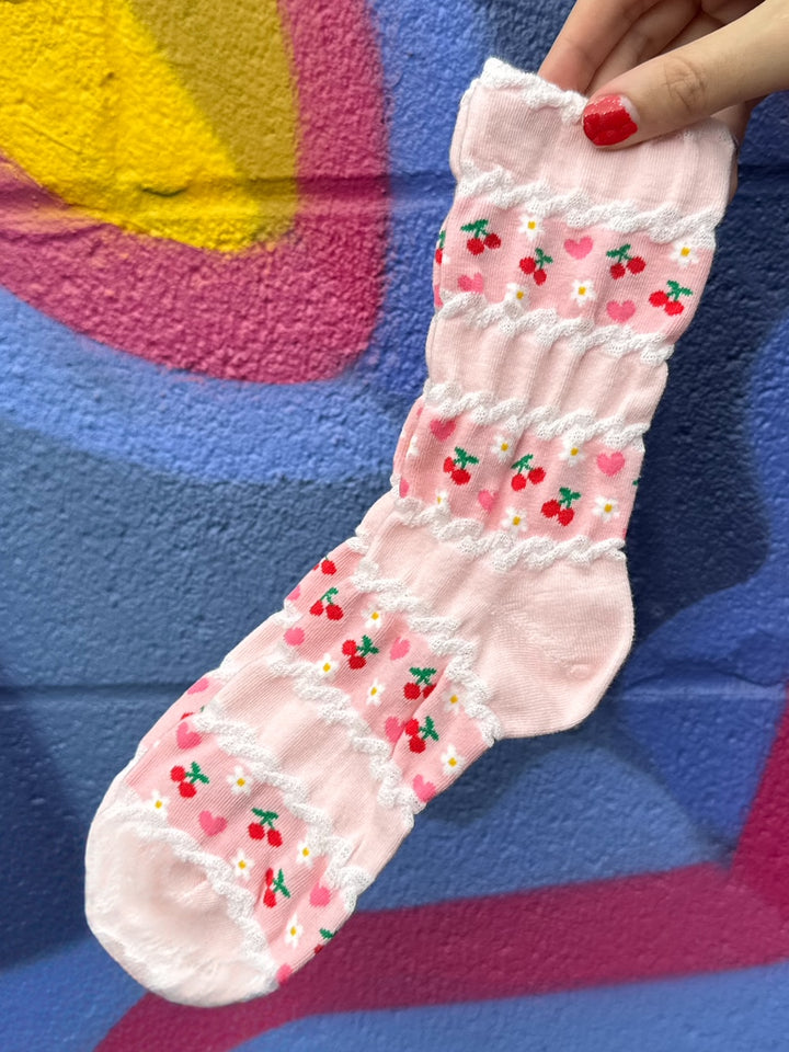 Pink Cherry Flower Socks