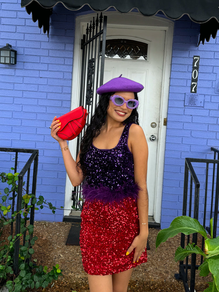 Feather Trim Purple Sequin Tank (S-L)