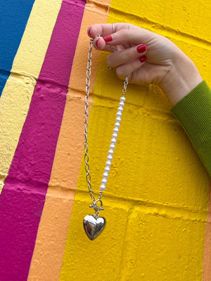 Silver Heart Pearl Necklace